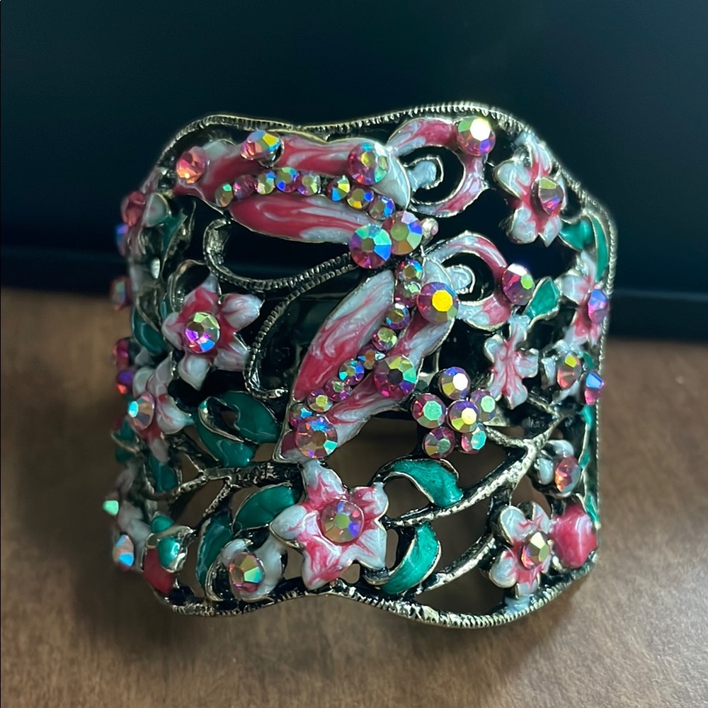 Floral Multicolor hair barrette  Bella Crystal butterfly rhinestone pink green